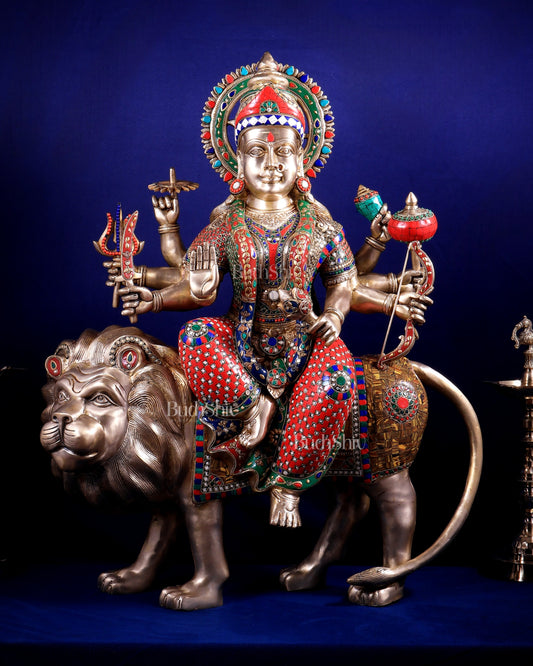 Brass Goddess Durga Sherawali Mata Idol | 31" meenakari Stonework