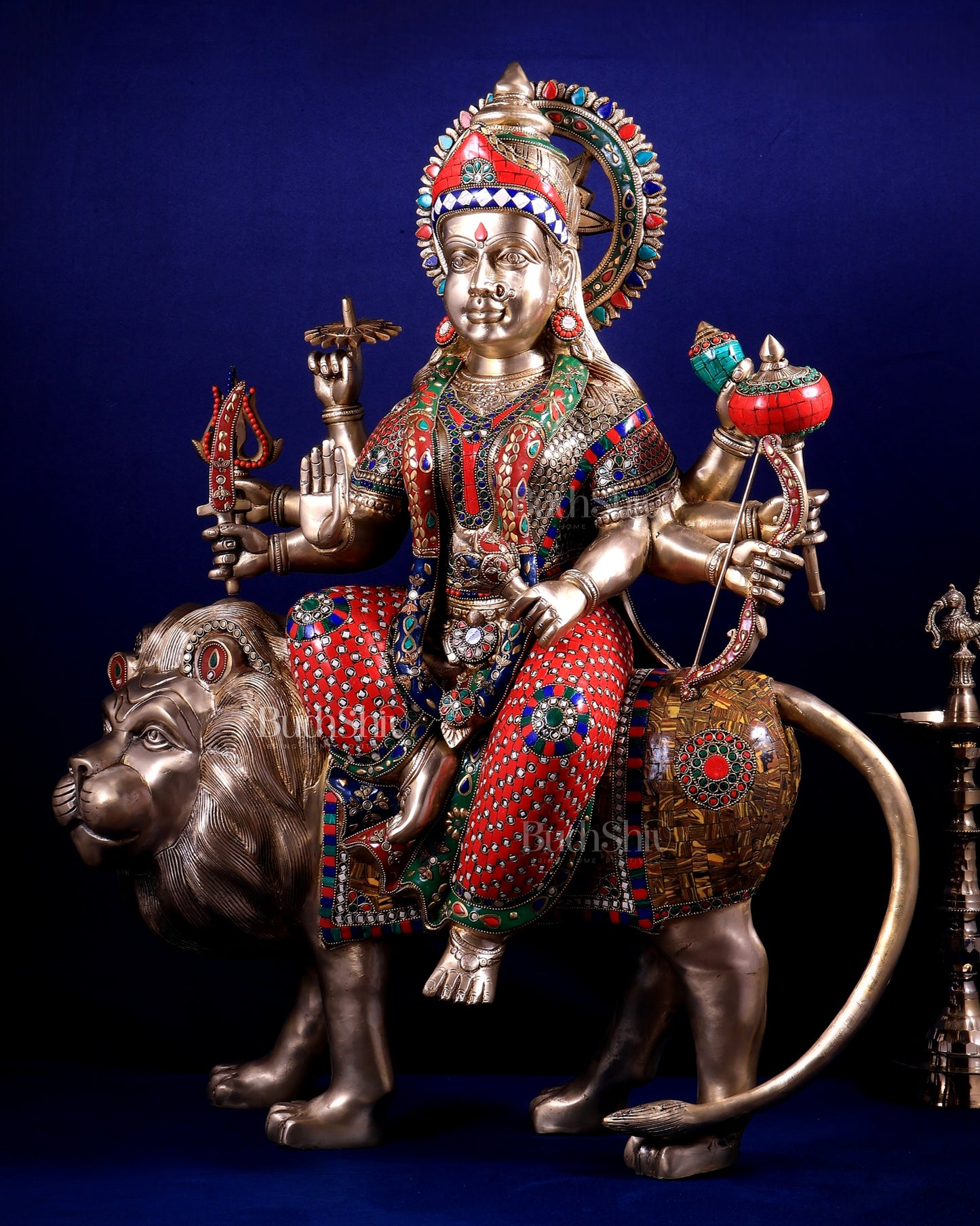 Brass Goddess Durga Sherawali Mata Idol | 31" meenakari Stonework
