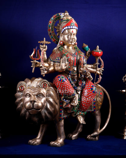 Brass Goddess Durga Sherawali Mata Idol | 31" meenakari Stonework