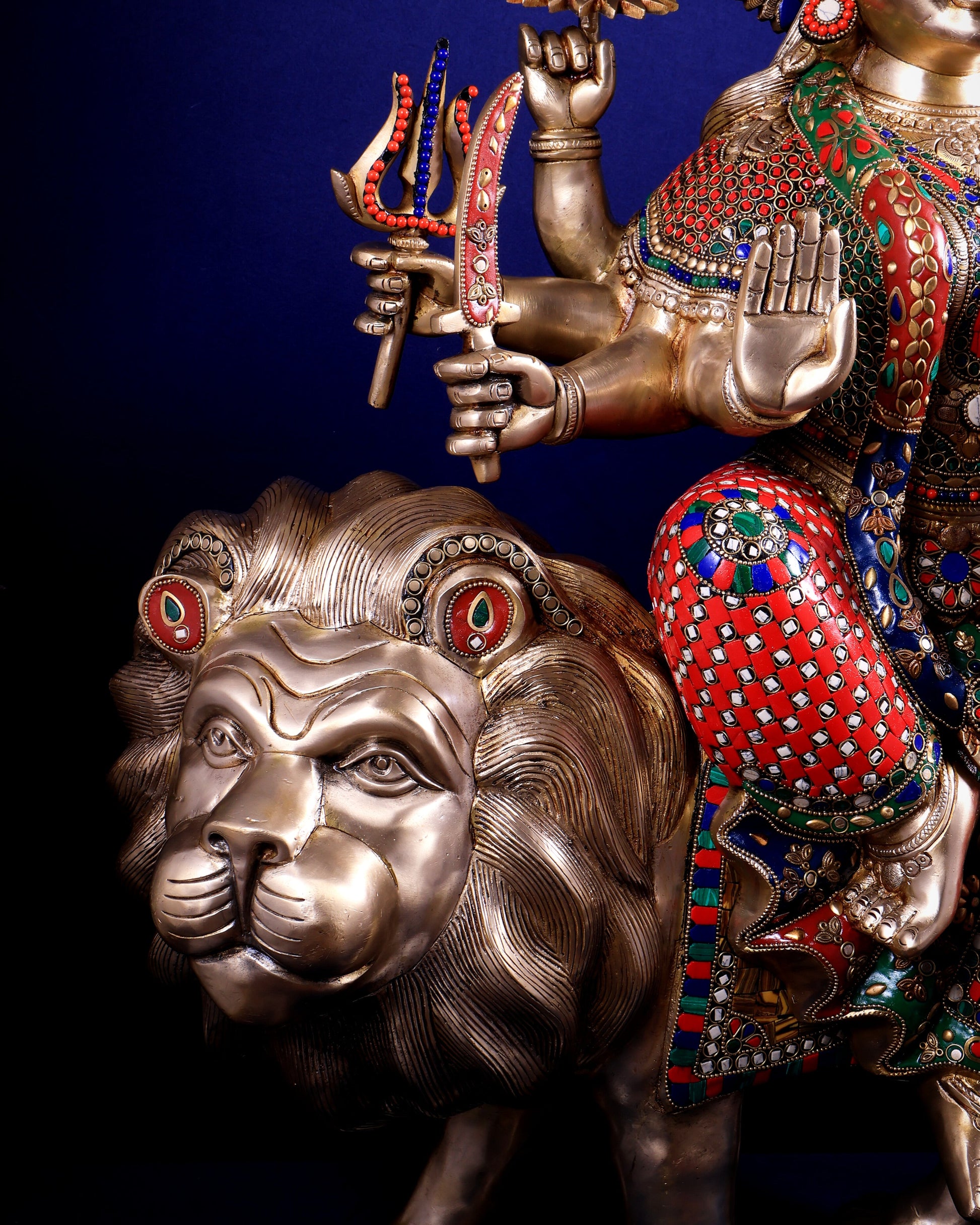 Brass Goddess Durga Sherawali Mata Idol | 31" meenakari Stonework