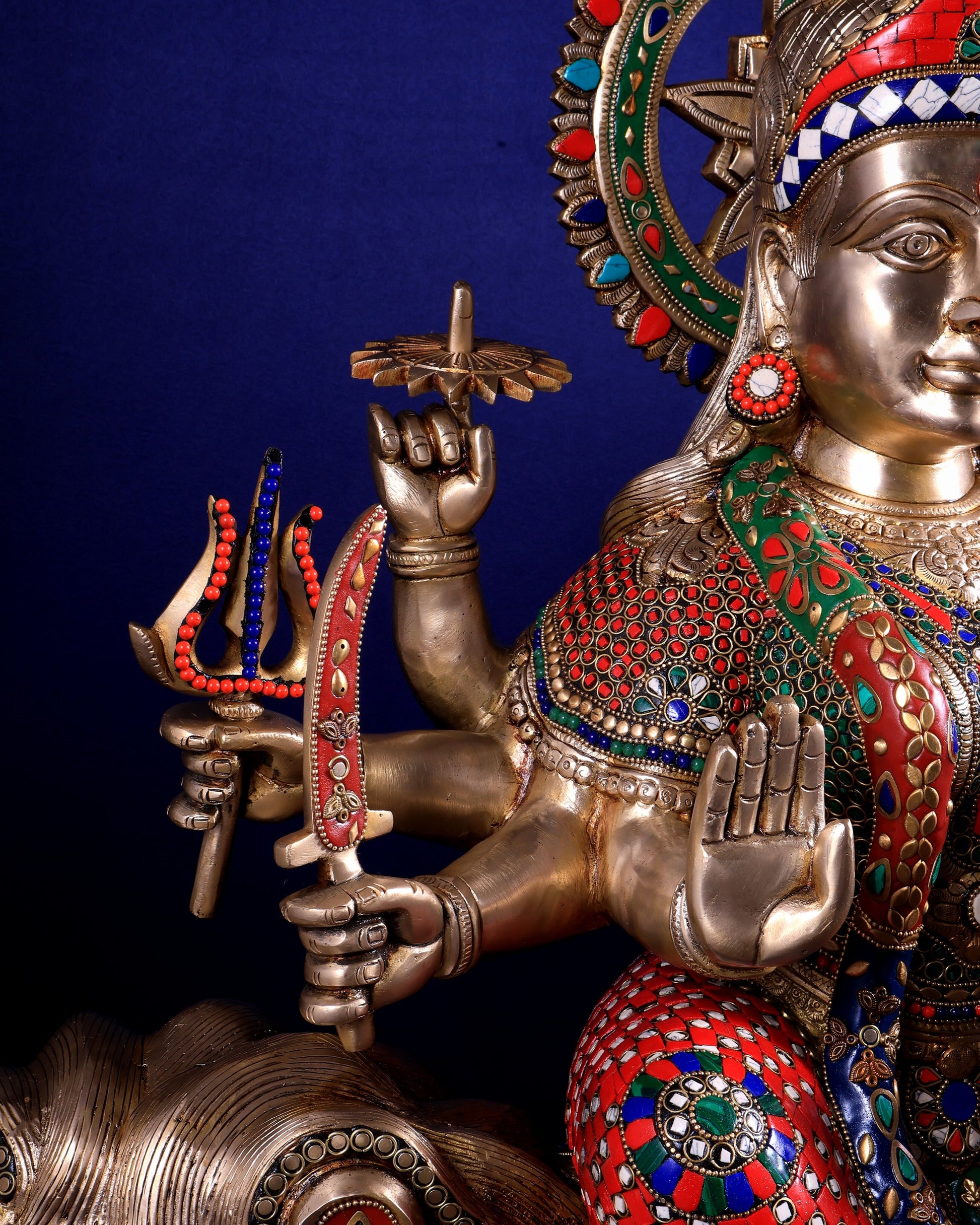 Brass Goddess Durga Sherawali Mata Idol | 31" meenakari Stonework