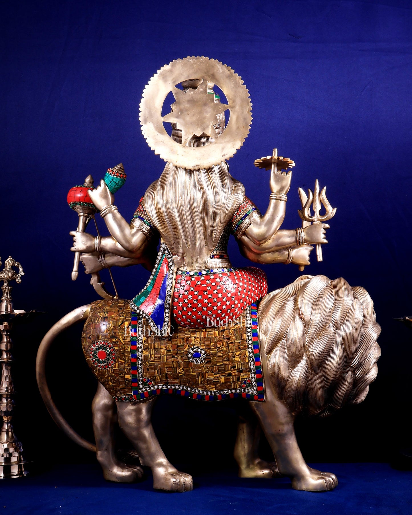 Brass Goddess Durga Sherawali Mata Idol | 31" meenakari Stonework