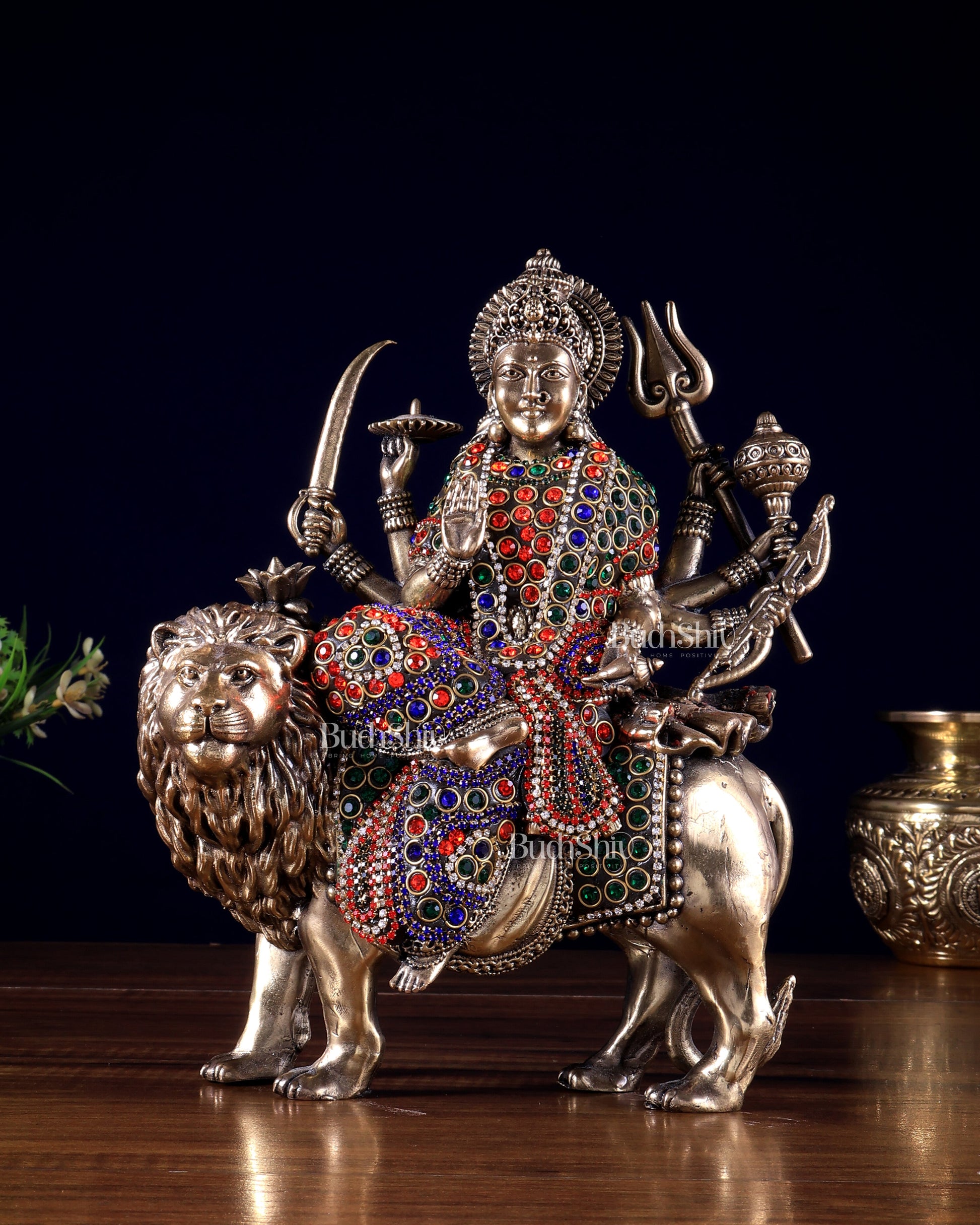Brass Goddess Durga (Ambe Mata) Idol on Lion – 9.5" Jewellers Meenakari