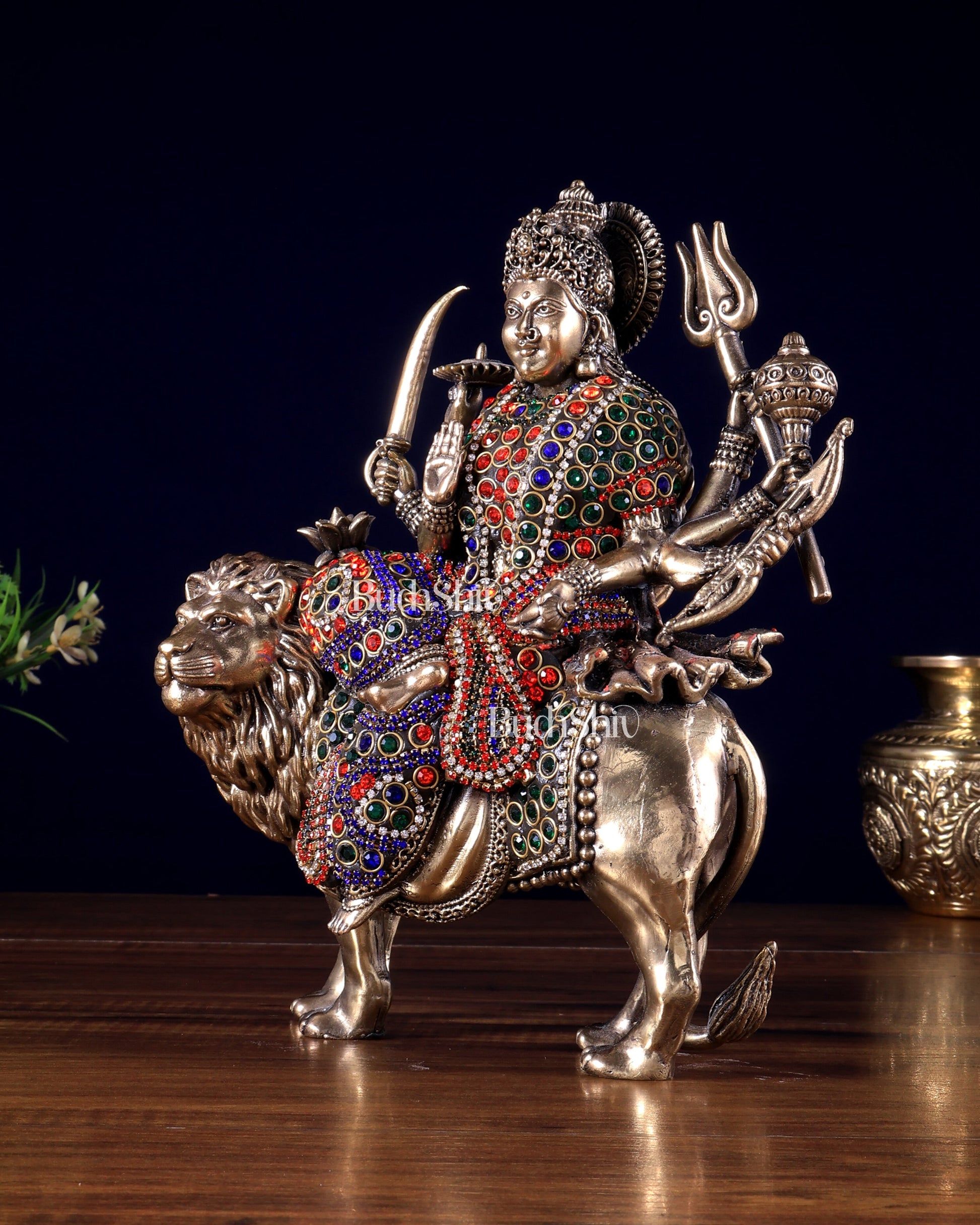 Brass Goddess Durga (Ambe Mata) Idol on Lion – 9.5" Jewellers Meenakari