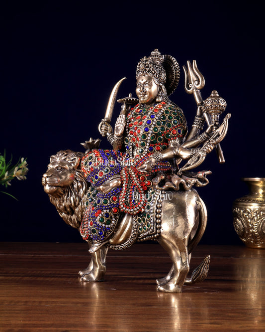 Brass Goddess Durga (Ambe Mata) Idol on Lion – 9.5" Jewellers Meenakari