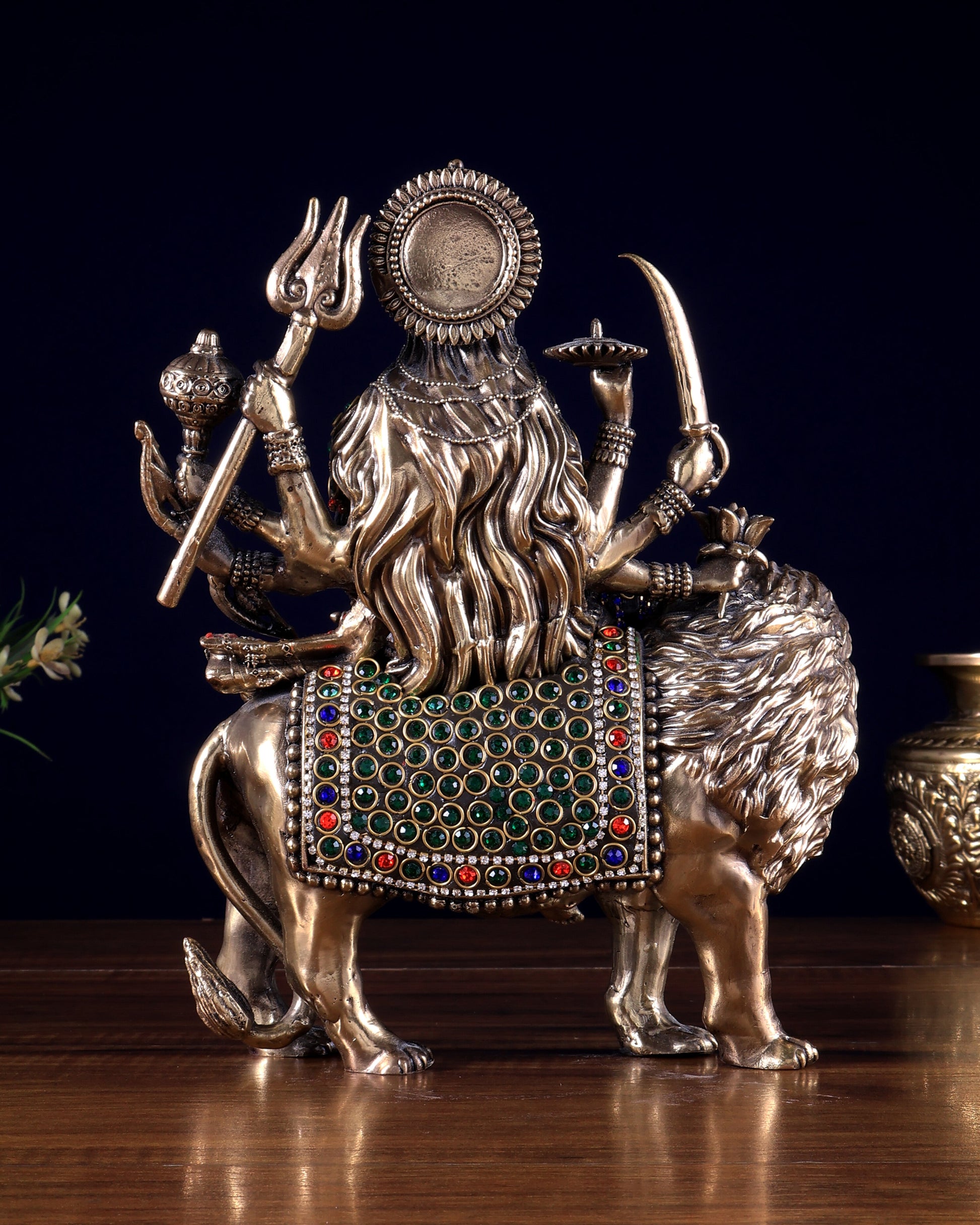 Brass Goddess Durga (Ambe Mata) Idol on Lion – 9.5" Jewellers Meenakari