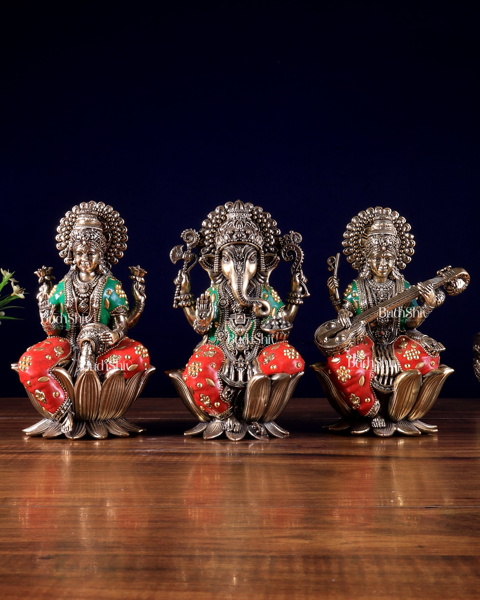 Pure Brass Superfine Ganesha Lakshmi Saraswati Idol Set – Available in 4, 6 & 8 Inches with meenakari