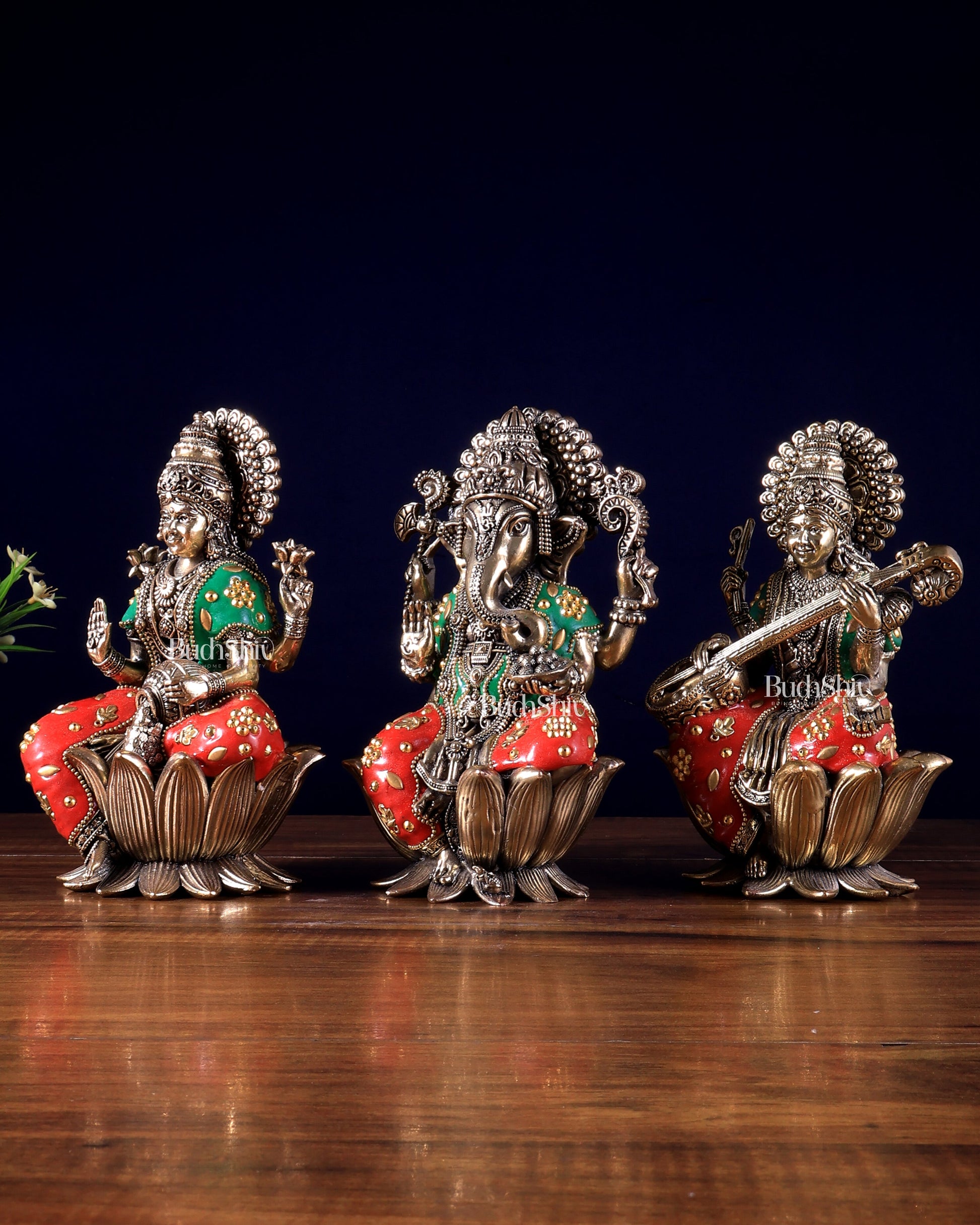 Pure Brass Superfine Ganesha Lakshmi Saraswati Idol Set – Available in 4, 6 & 8 Inches with meenakari