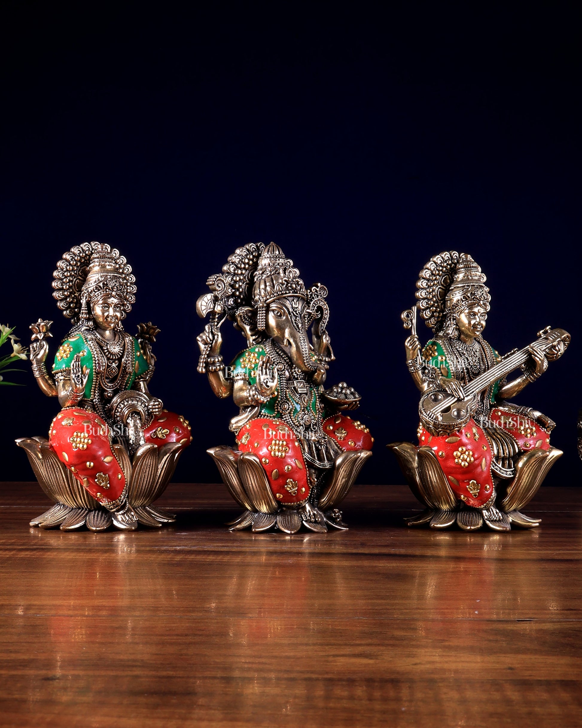 Pure Brass Superfine Ganesha Lakshmi Saraswati Idol Set – Available in 4, 6 & 8 Inches with meenakari