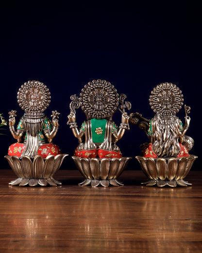 Pure Brass Superfine Ganesha Lakshmi Saraswati Idol Set – Available in 4, 6 & 8 Inches with meenakari