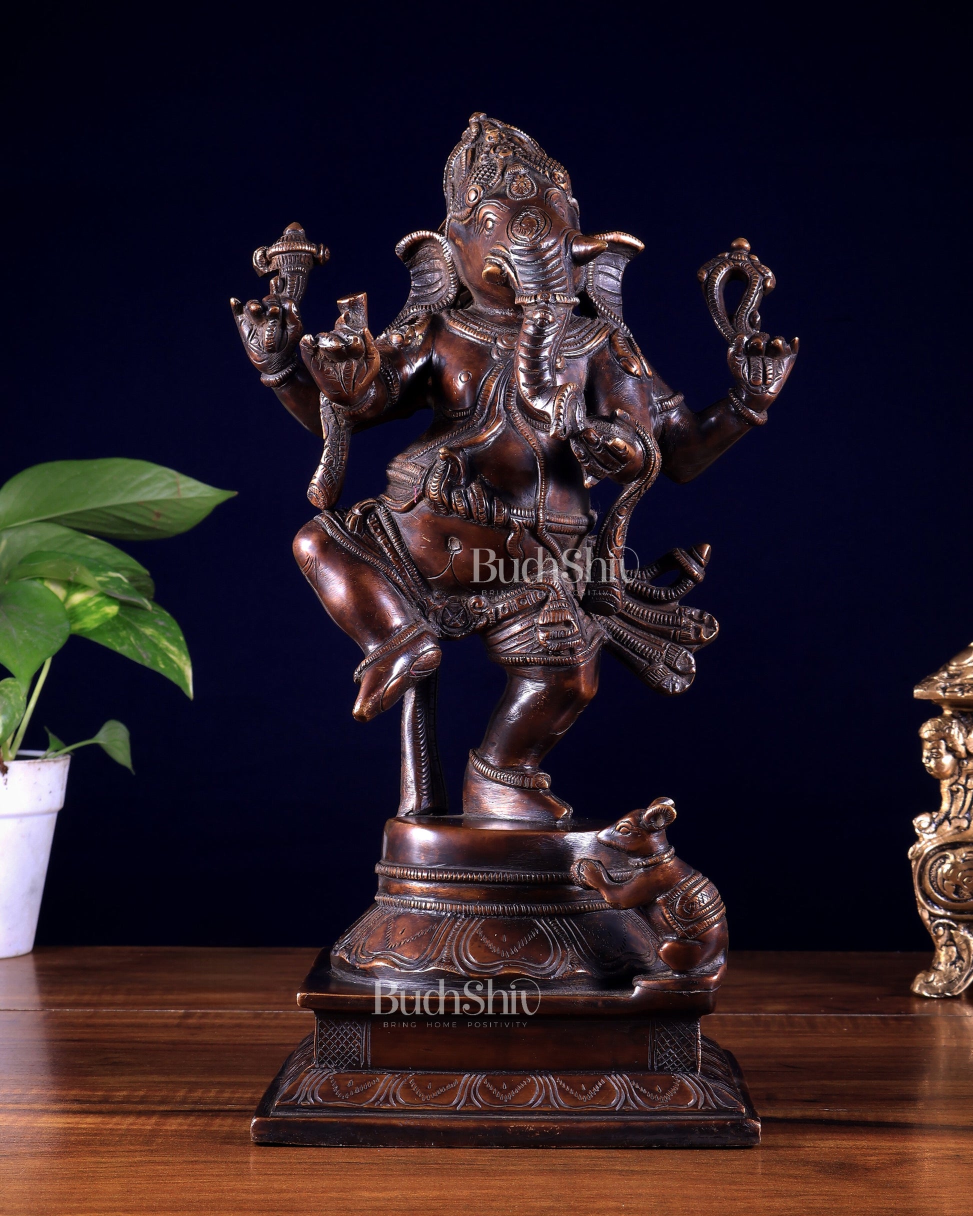 Pure Brass Dancing Ganesha Statue dark chocolate tone 13 inch