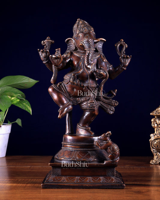 Pure Brass Dancing Ganesha Statue dark chocolate tone 13 inch
