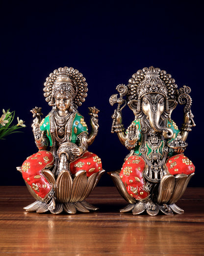 Pure Brass Superfine Ganesha Lakshmi Idol Set – Available in 4, 6 & 8 Inches meenakari