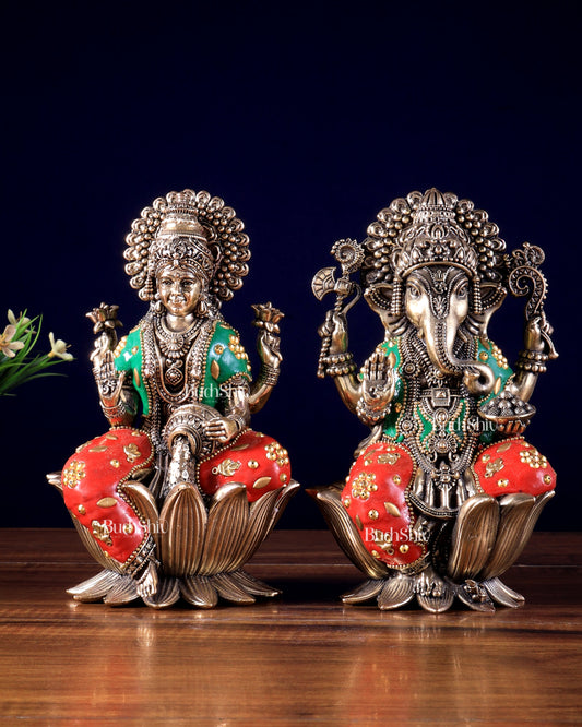 Pure Brass Superfine Ganesha Lakshmi Idol Set – Available in 4, 6 & 8 Inches meenakari