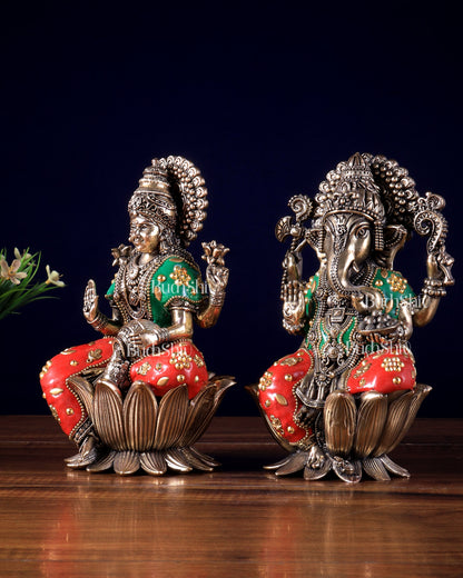 Pure Brass Superfine Ganesha Lakshmi Idol Set – Available in 4, 6 & 8 Inches meenakari