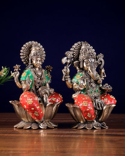 Pure Brass Superfine Ganesha Lakshmi Idol Set – Available in 4, 6 & 8 Inches meenakari