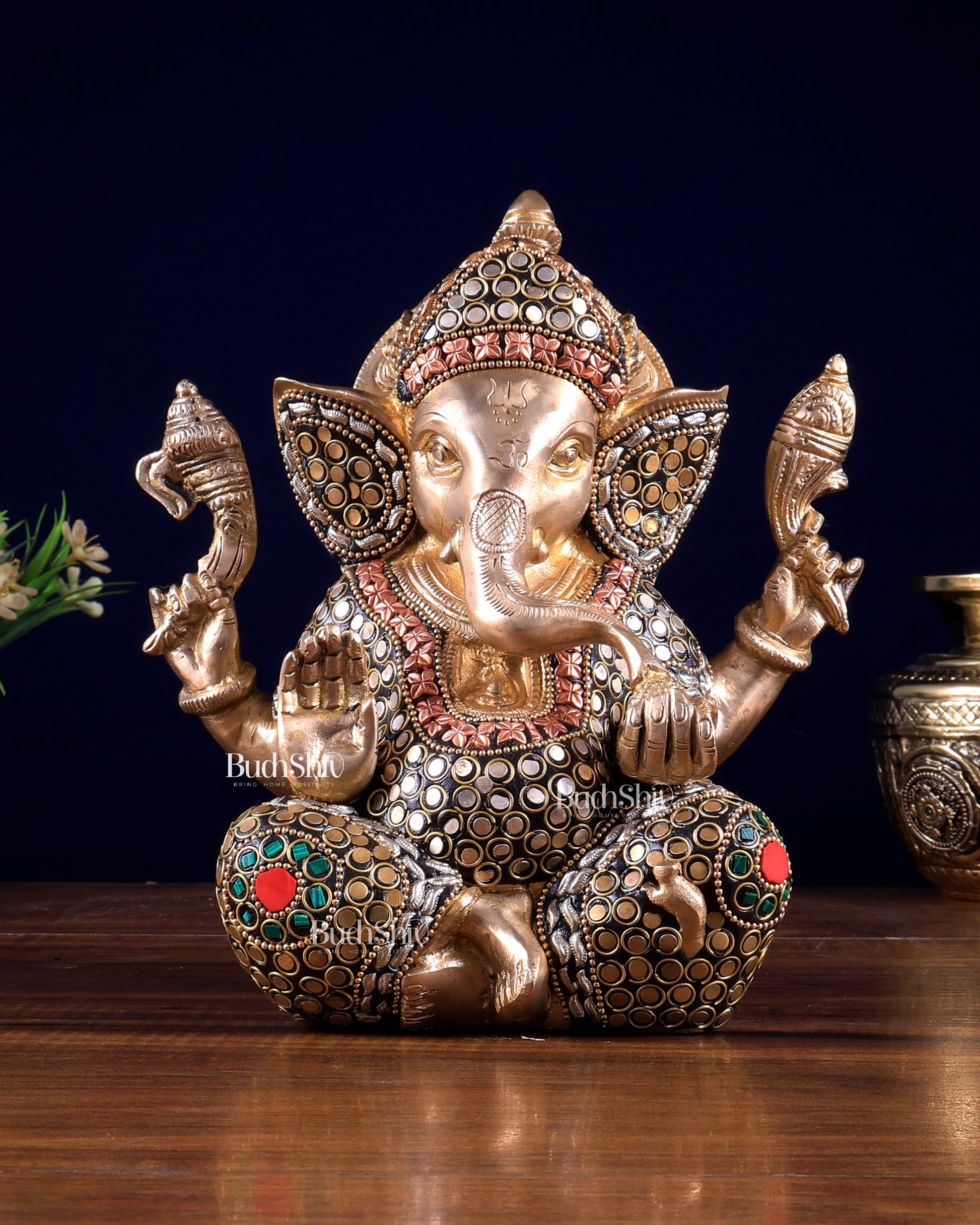 Brass Ganesha Idol with Sharp Features - 8 Inch