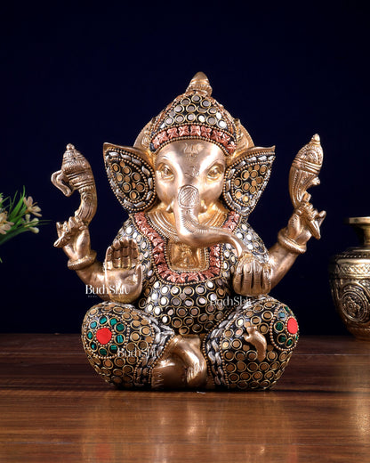 Brass Ganesha Idol with Sharp Features - 8 Inch
