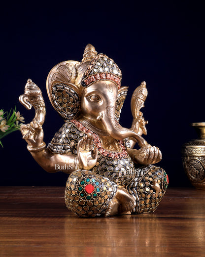 Brass Ganesha Idol with Sharp Features - 8 Inch