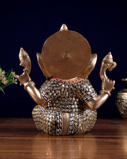 Brass Ganesha Idol with Sharp Features - 8 Inch