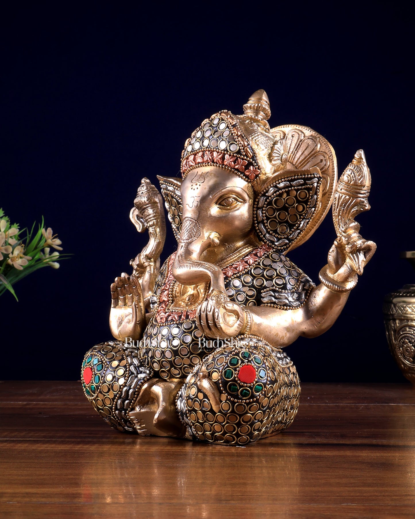 Brass Ganesha Idol with Sharp Features - 8 Inch