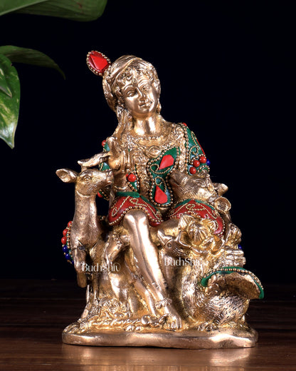 Pure Brass Sitting Lord Krishna Idol with Meenakari Stonework – Forest Scene 6 inch
