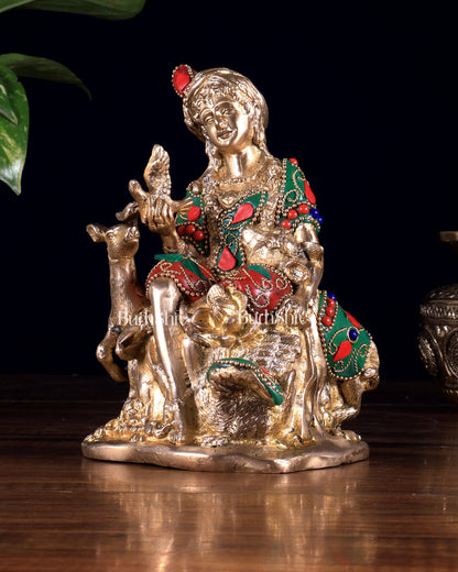 Pure Brass Sitting Lord Krishna Idol with Meenakari Stonework – Forest Scene 6 inch