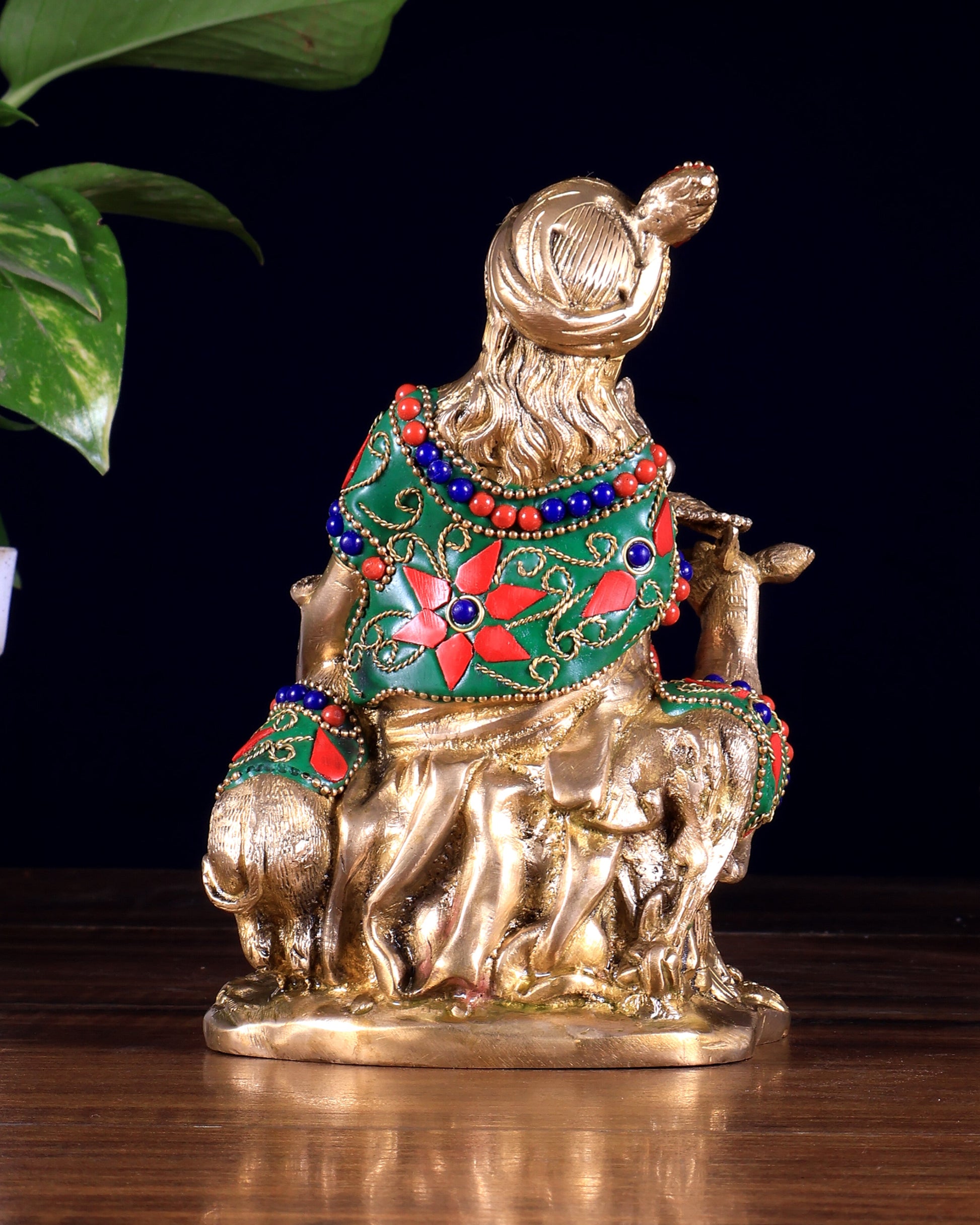 Pure Brass Sitting Lord Krishna Idol with Meenakari Stonework – Forest Scene 6 inch