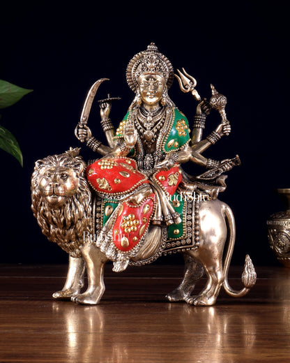 Brass Superfine Goddess Durga Ambe Mata Sitting on Lion - 8" Tall meenakari
