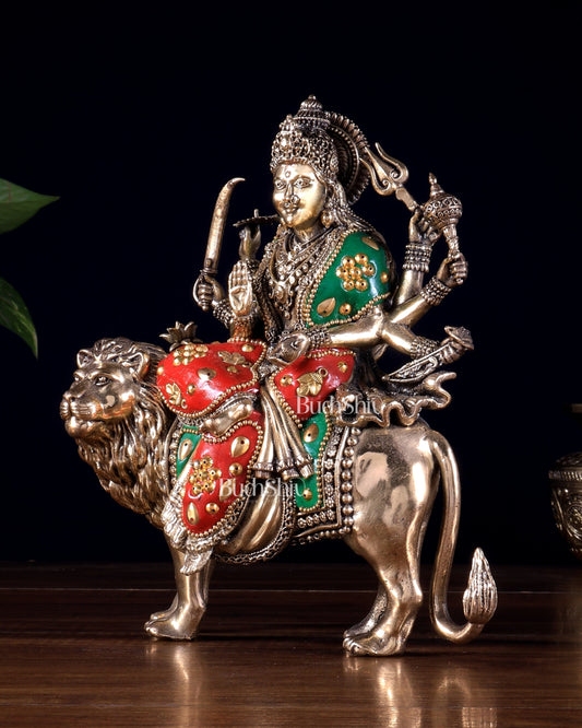 Brass Superfine Goddess Durga Ambe Mata Sitting on Lion - 8" Tall meenakari