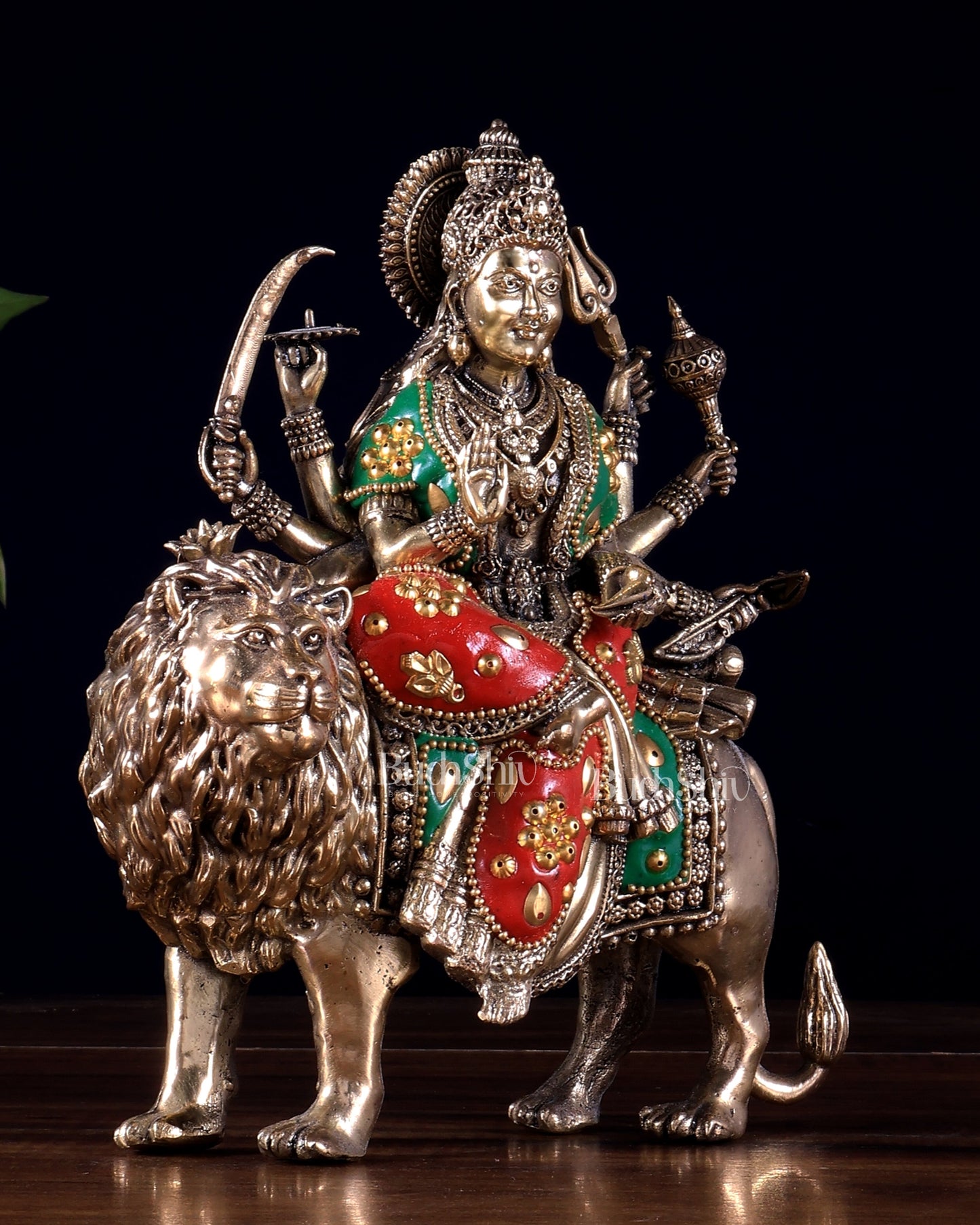 Brass Superfine Goddess Durga Ambe Mata Sitting on Lion - 8" Tall meenakari