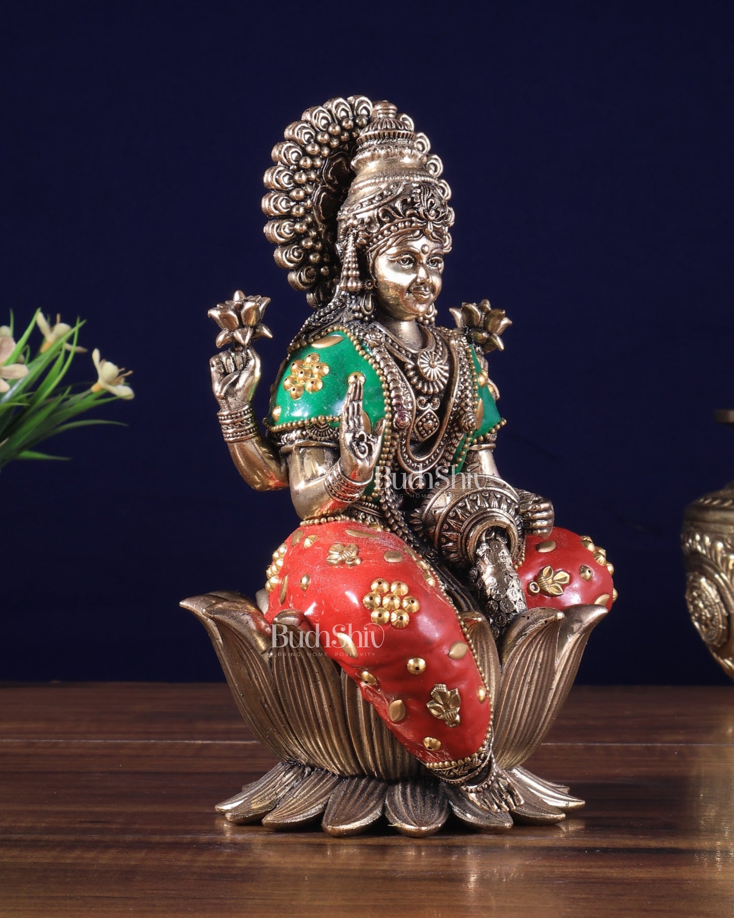 Brass Goddess Dhan Lakshmi on Lotus Idol - 8 Inch meenakari