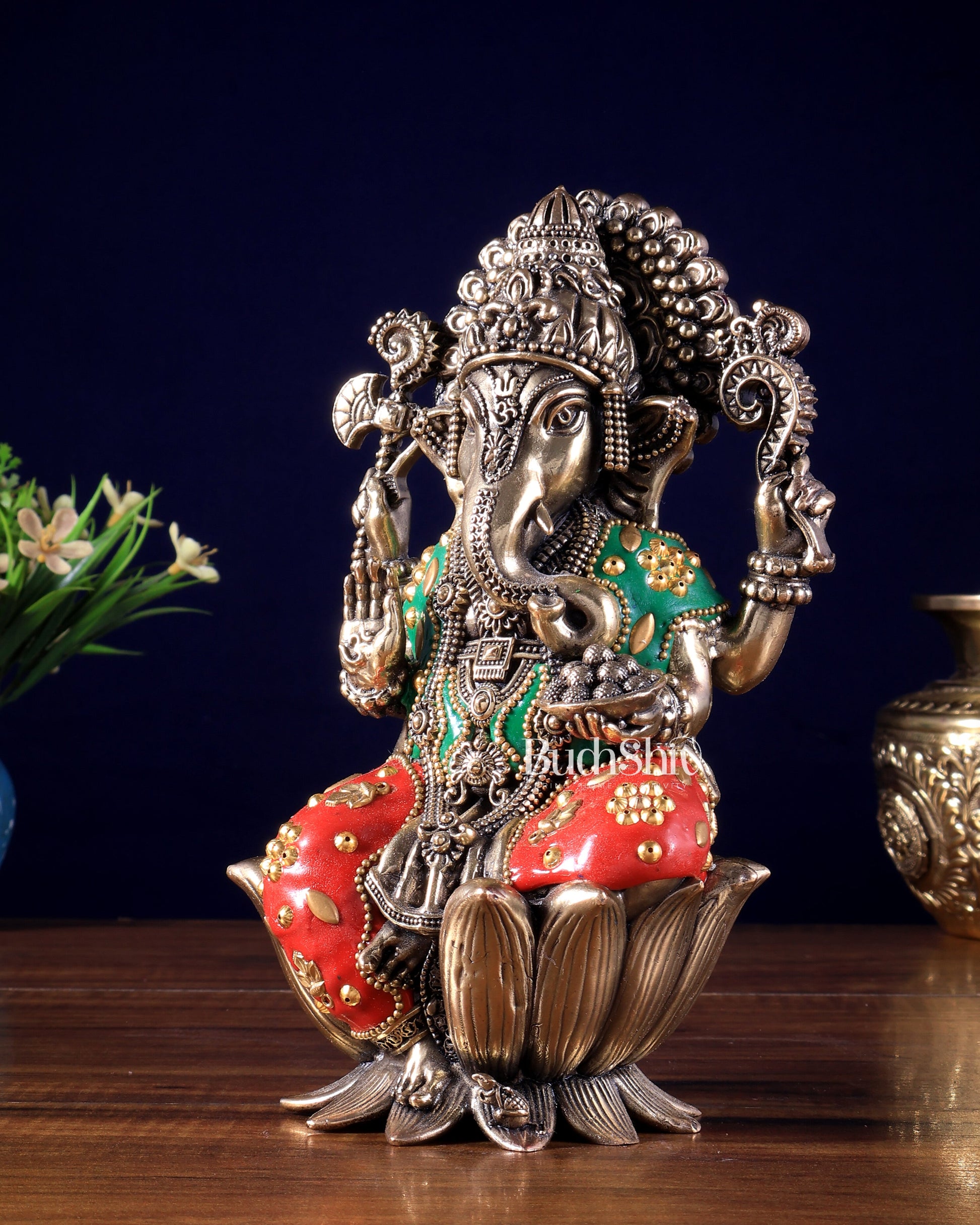 Exquisite Brass Idol of Lord Ganesha | 8 Inch meenakari