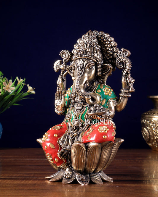 Exquisite Brass Idol of Lord Ganesha | 8 Inch meenakari