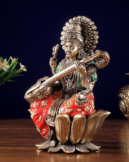 Intricate Superfine Brass Saraswati Idol - 8" Tall meenakari