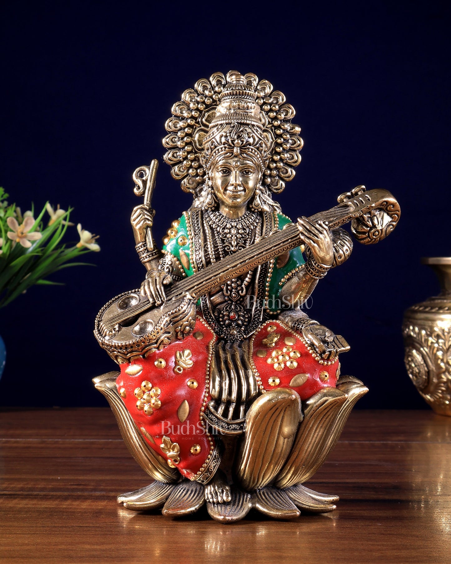 Intricate Superfine Brass Saraswati Idol - 8" Tall meenakari