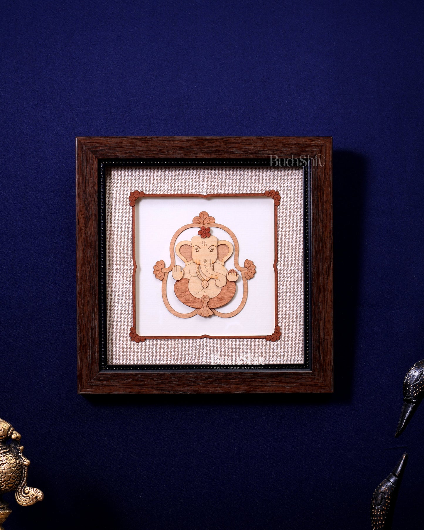 Lord Ganesha 3D Wood Carved Wall Hanging with Glass Frame