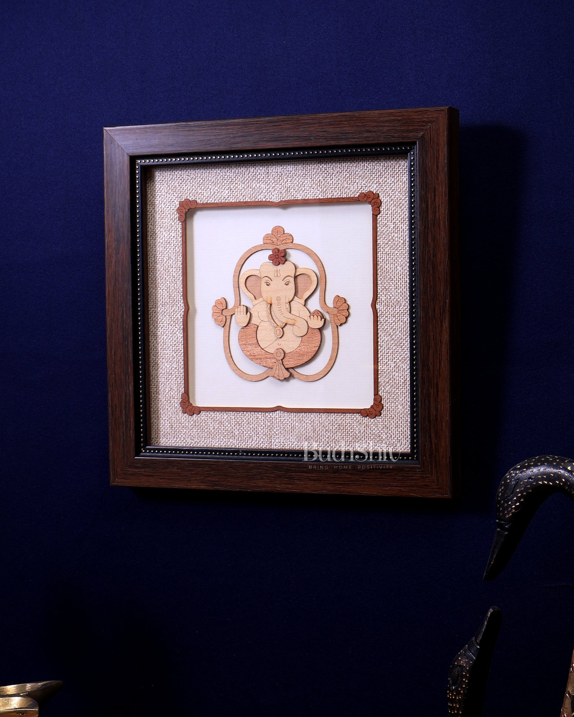 Lord Ganesha 3D Wood Carved Wall Hanging with Glass Frame