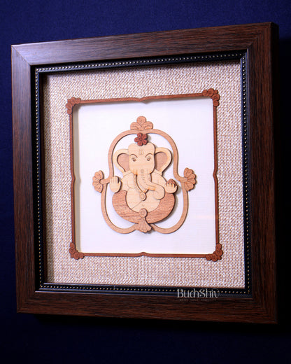 Lord Ganesha 3D Wood Carved Wall Hanging with Glass Frame