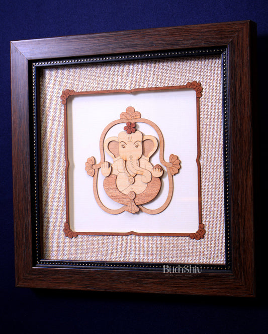 Lord Ganesha 3D Wood Carved Wall Hanging with Glass Frame