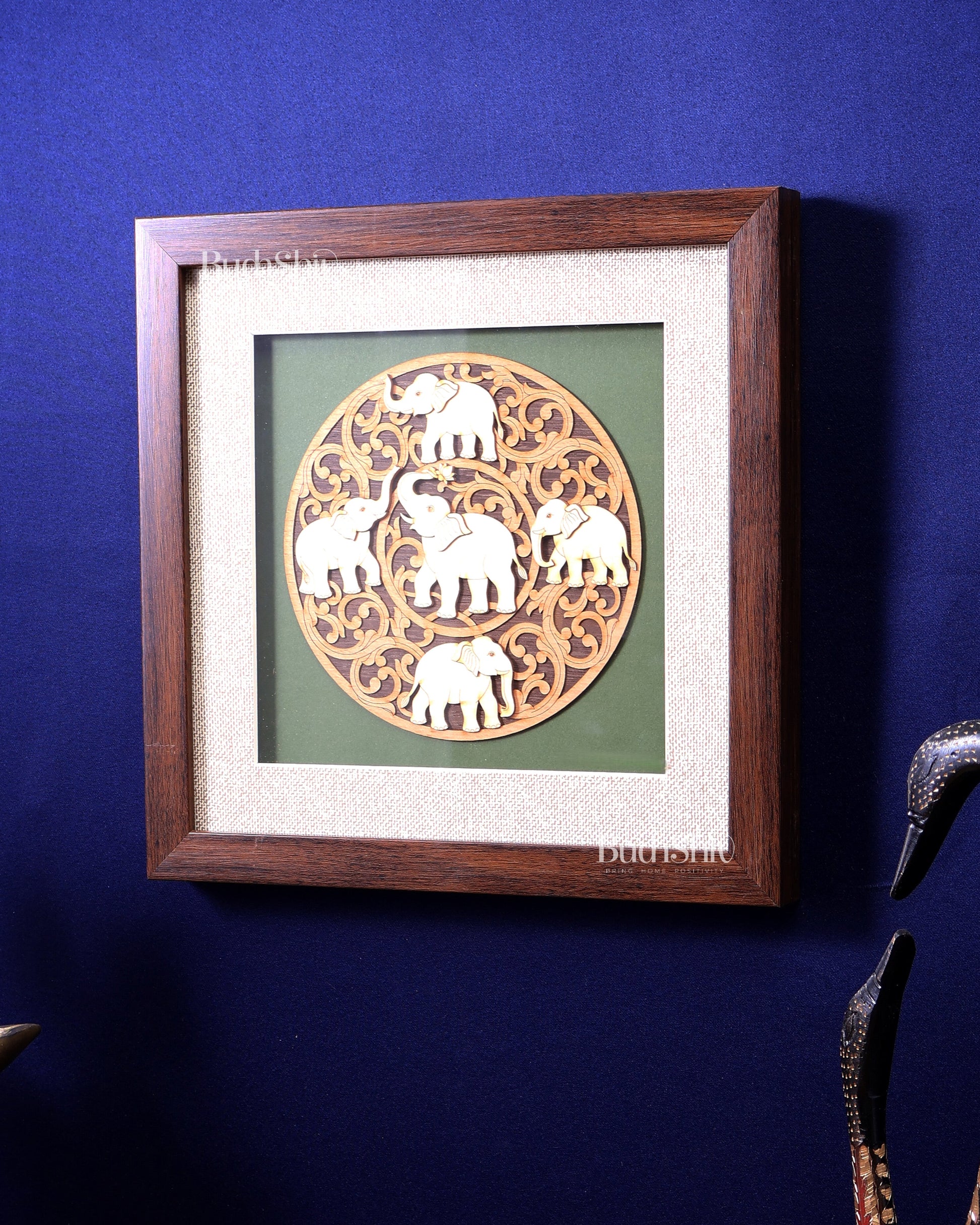 Elephants 3D Wooden Wall Hanging with Glass Frame
