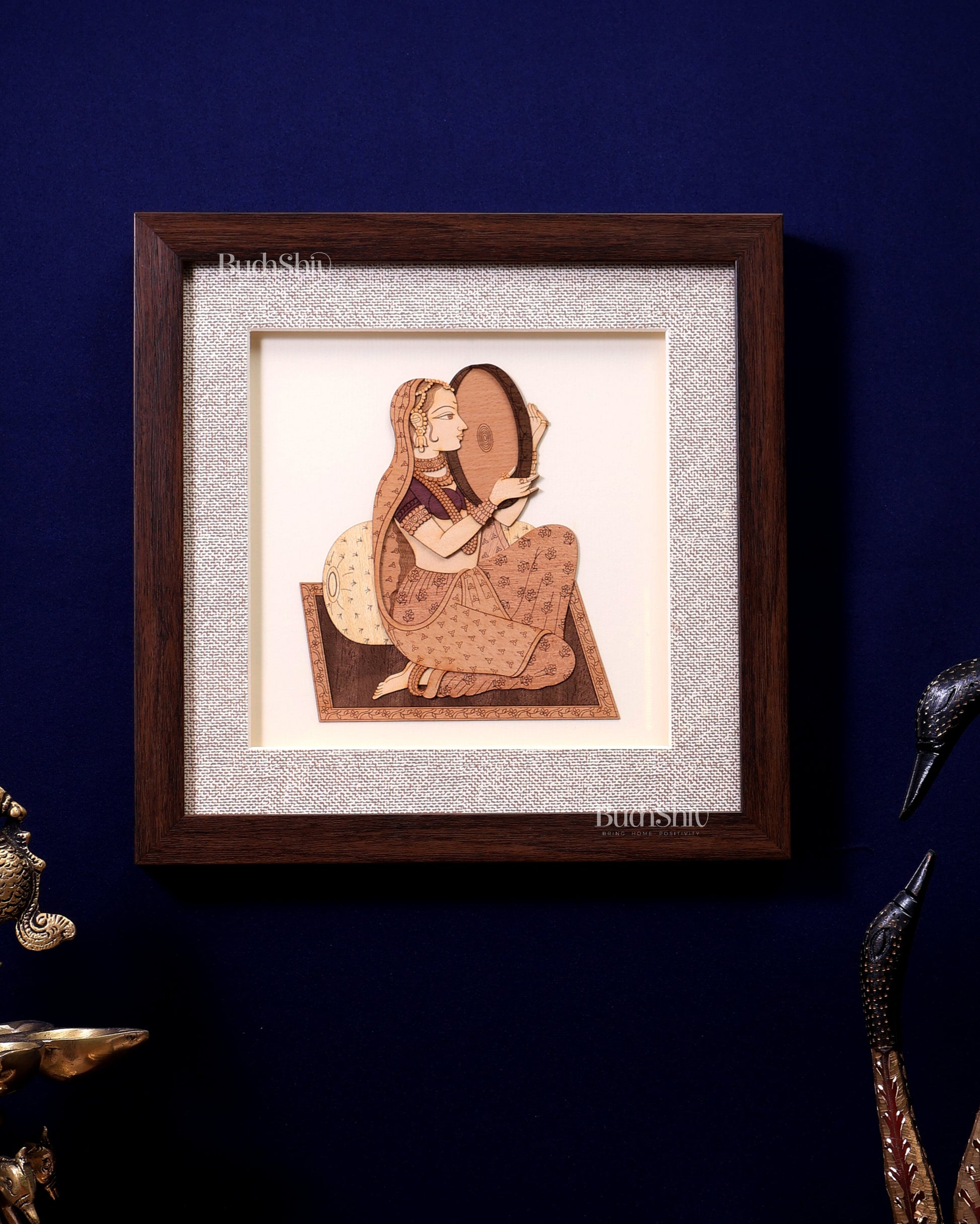 Indian Woman Playing Dafali – 3D Wooden Wall Art with Glass Frame