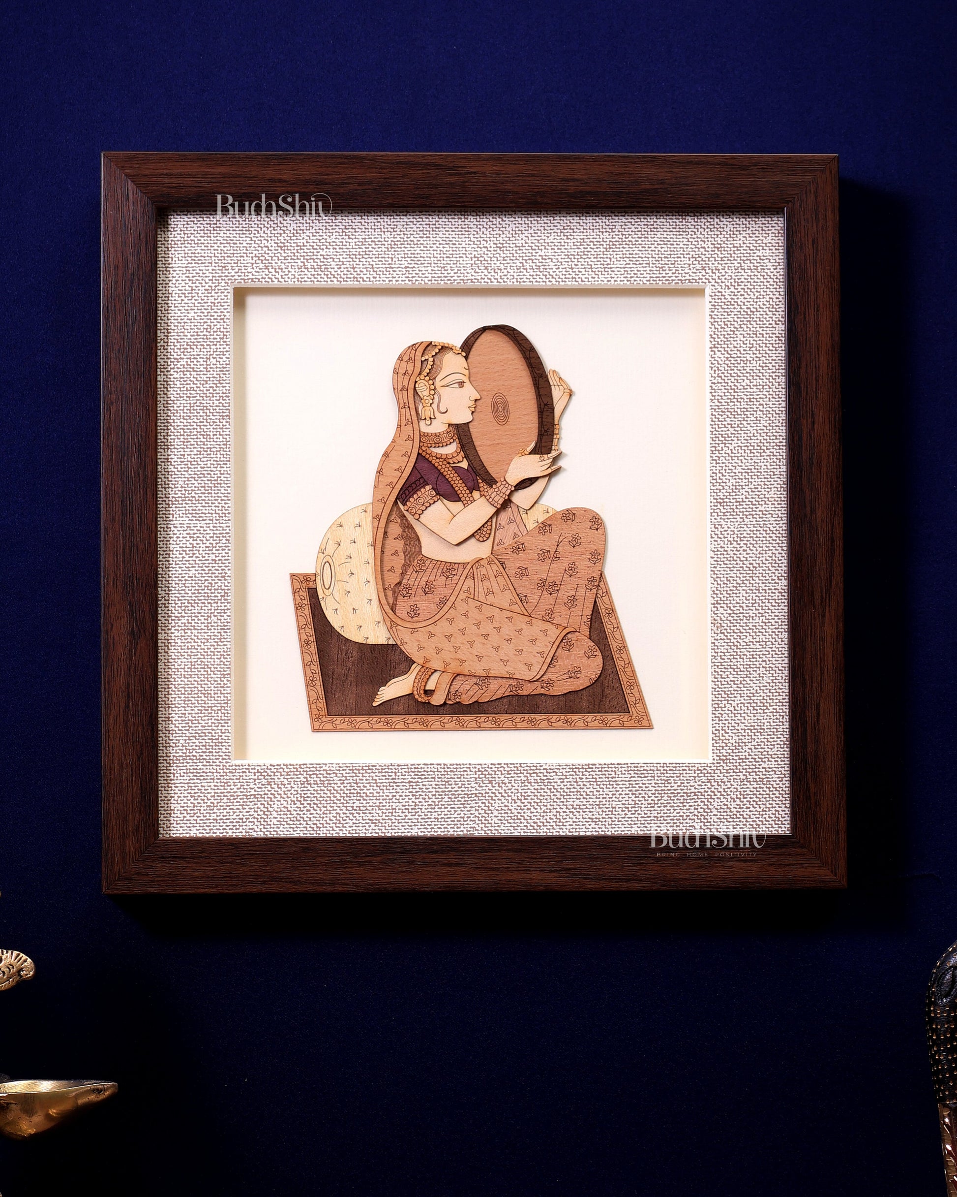 Indian Woman Playing Dafali – 3D Wooden Wall Art with Glass Frame