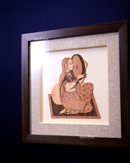Indian Woman Playing Dafali – 3D Wooden Wall Art with Glass Frame