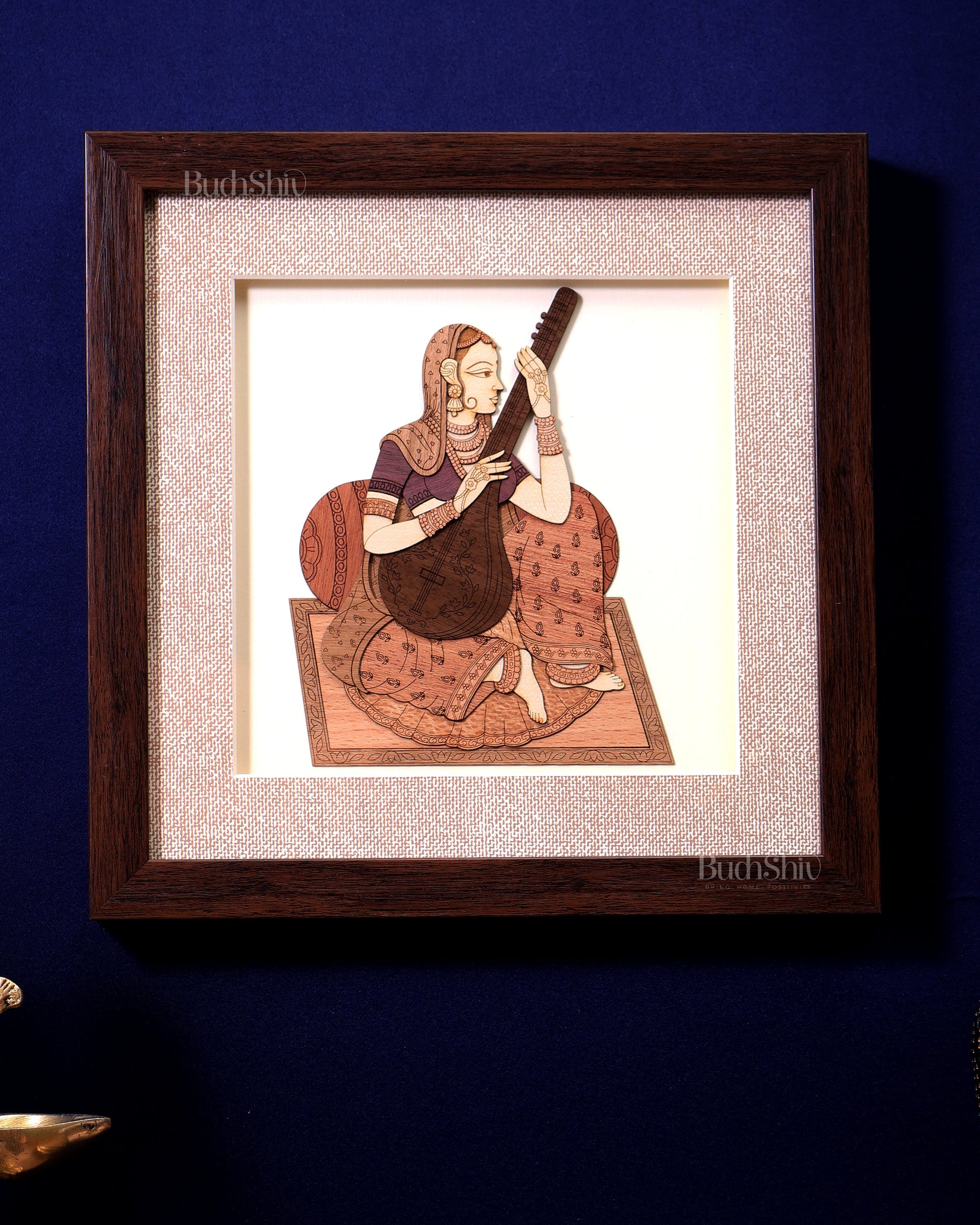 Indian Lady Playing Veena – Handcrafted Wooden 3D Wall Hanging