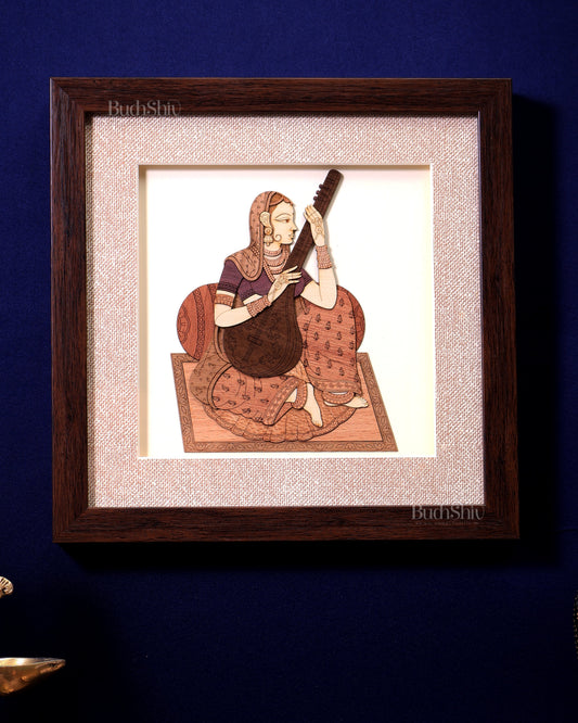 Indian Lady Playing Veena – Handcrafted Wooden 3D Wall Hanging