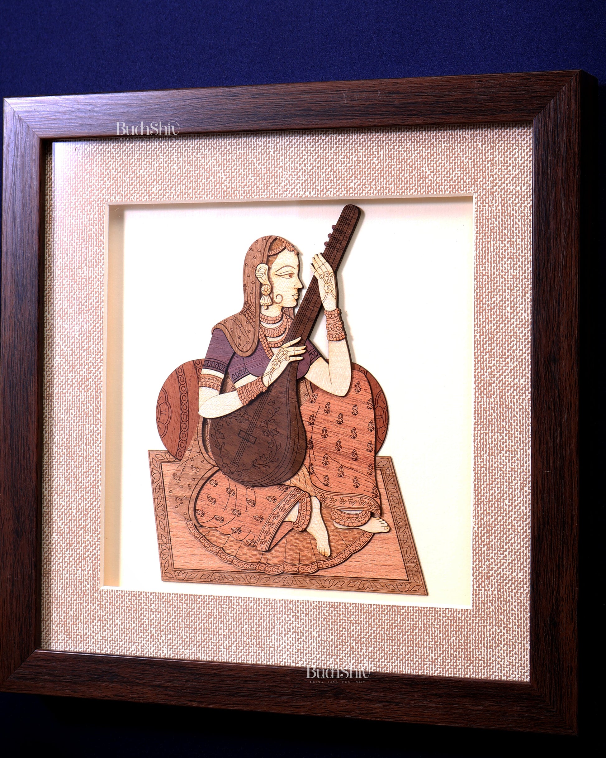Indian Lady Playing Veena – Handcrafted Wooden 3D Wall Hanging