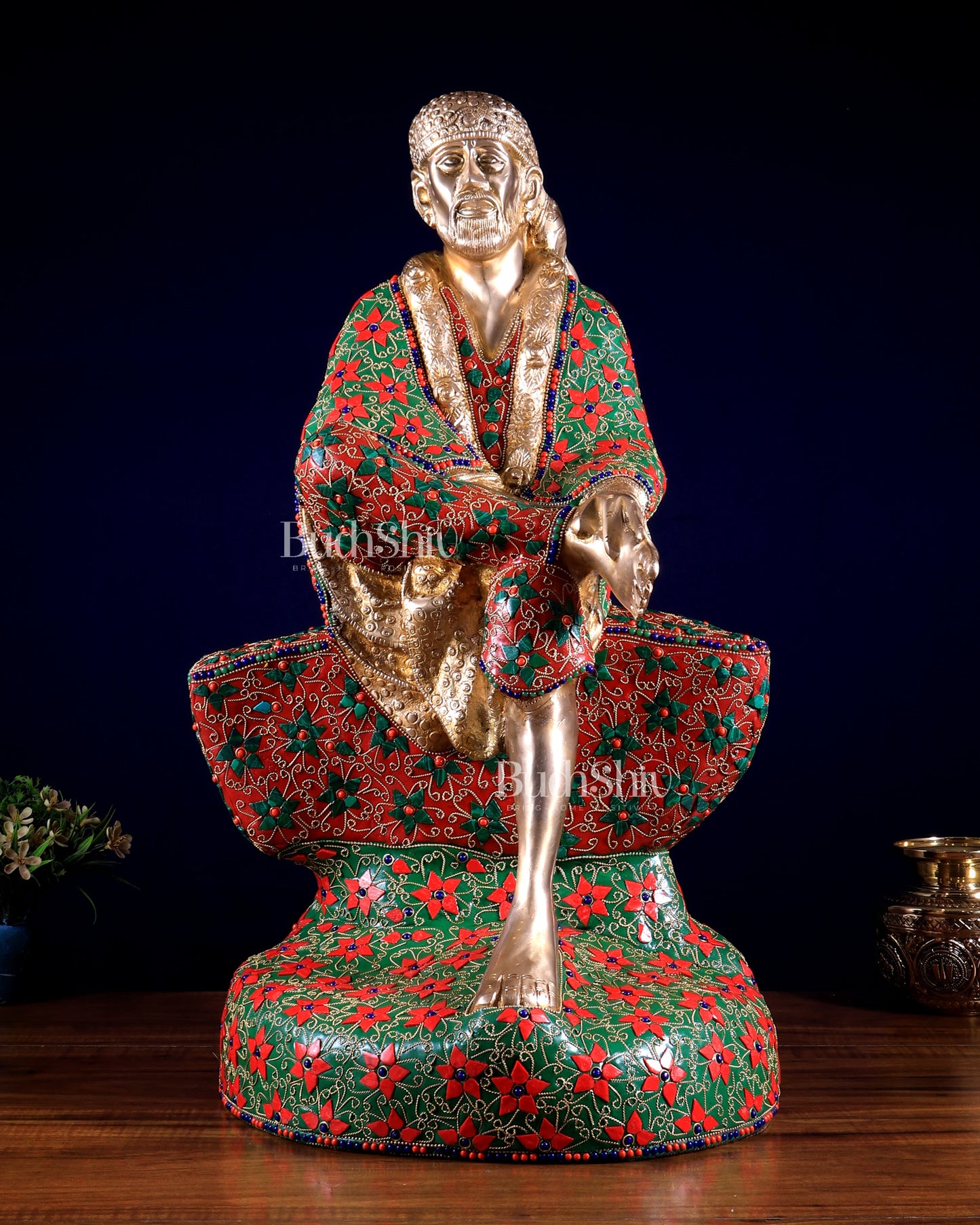 Brass large Shirdi Sai Baba Statue 24" floral stonework