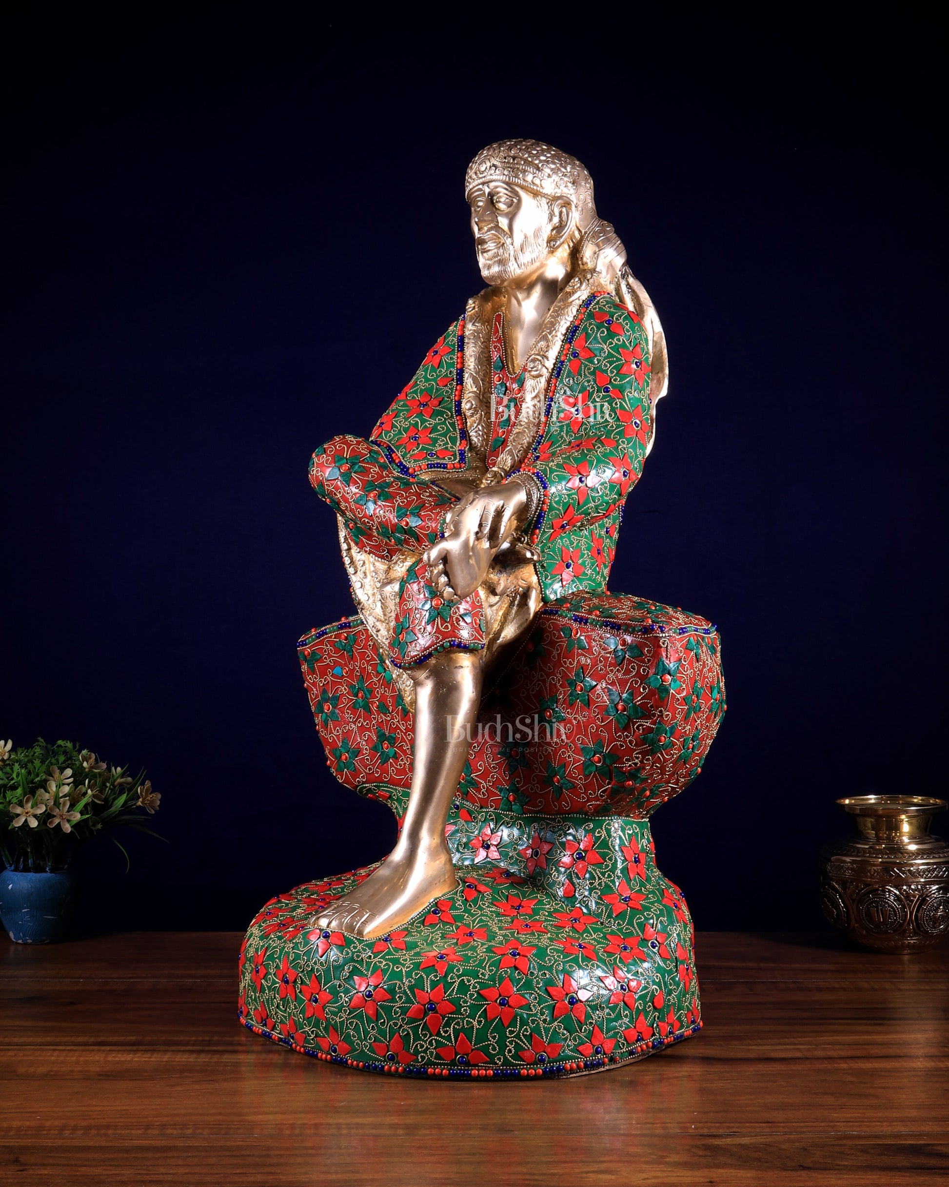 Brass large Shirdi Sai Baba Statue 24" floral stonework
