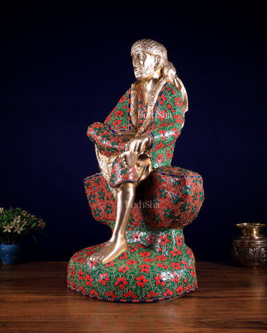 Brass large Shirdi Sai Baba Statue 24" floral stonework